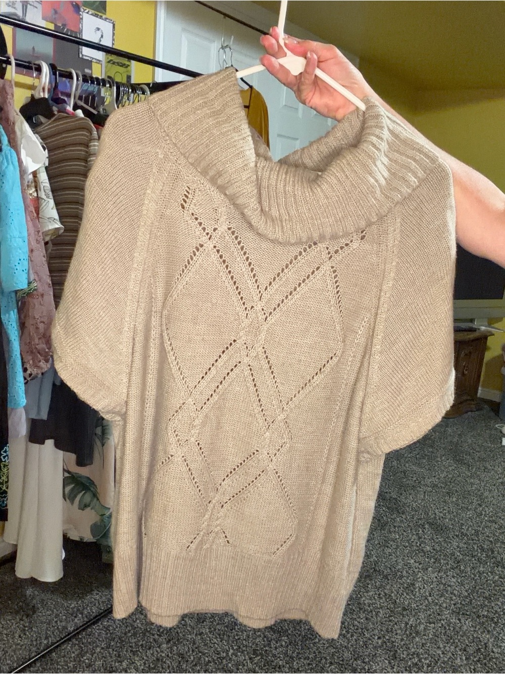 Beige Cable-Knit Turtleneck Short-Sleeve Sweater